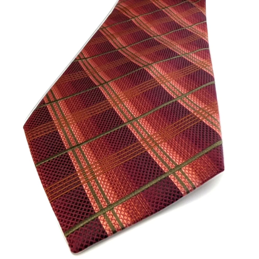 Kenneth Cole Men’s Silk Tie Red Orange Plaid Classic Business Formal